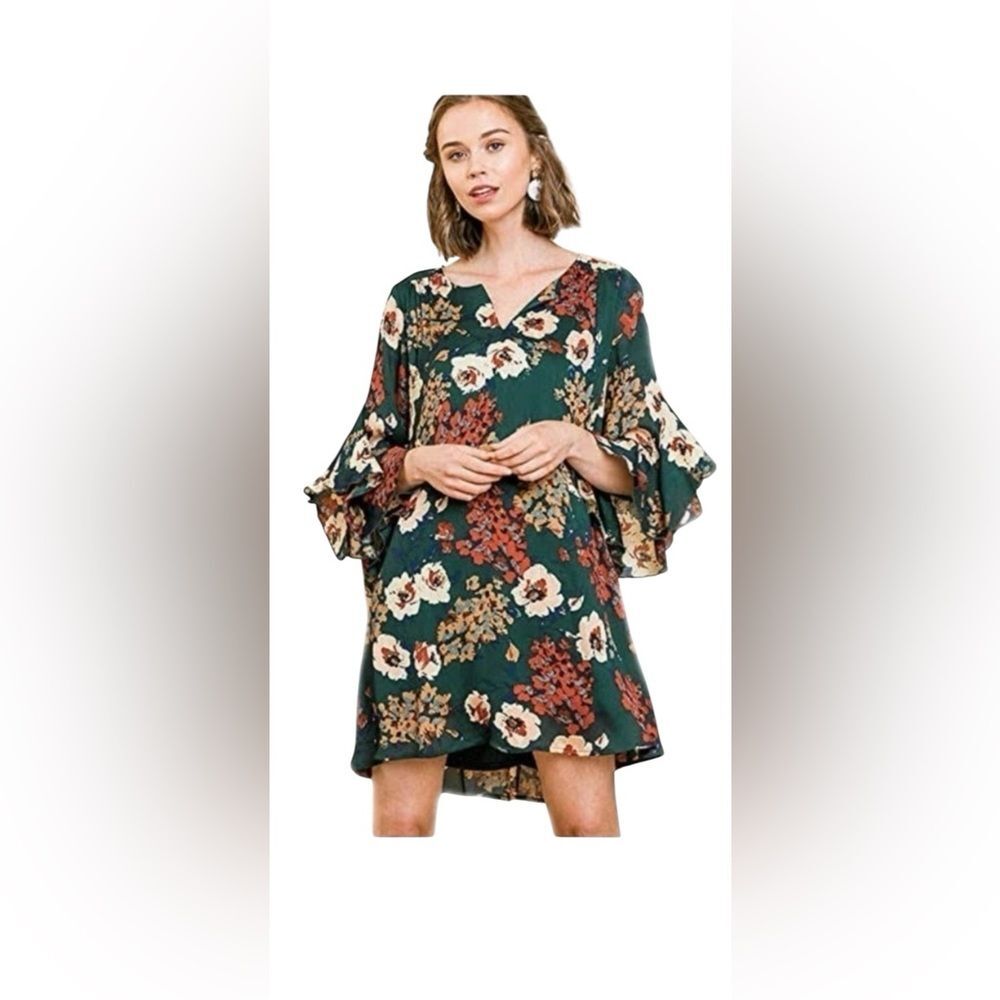 Umgee USA‎ Navy Floral Flutter‑Sleeve Tunic Dress – Size S (Roomy Fit) - Picture 7 of 7